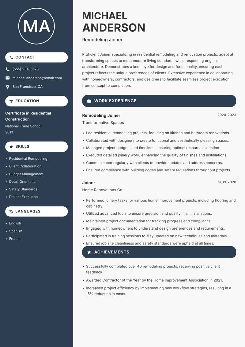Joiner resume sample — Remodeling Joiner focus