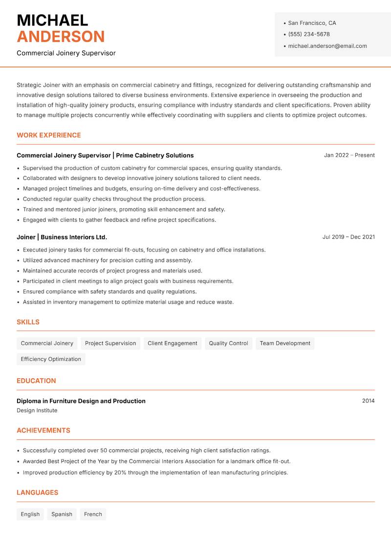 Joiner resume sample — Commercial Joinery Supervisor focus