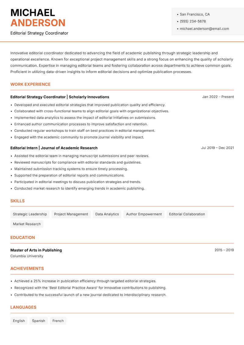 Journal Editorial Coordinator resume sample — Editorial Strategy Coordinator focus