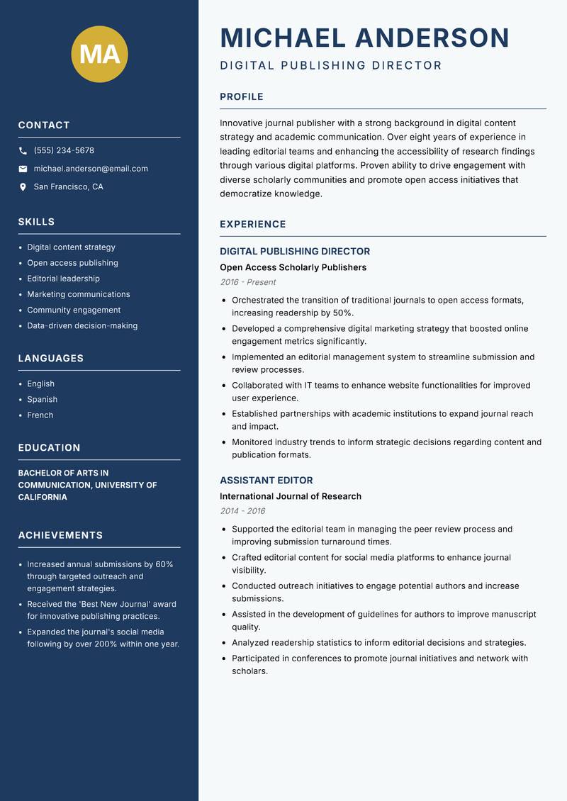 Journal Publisher resume sample — Digital Publishing Director focus