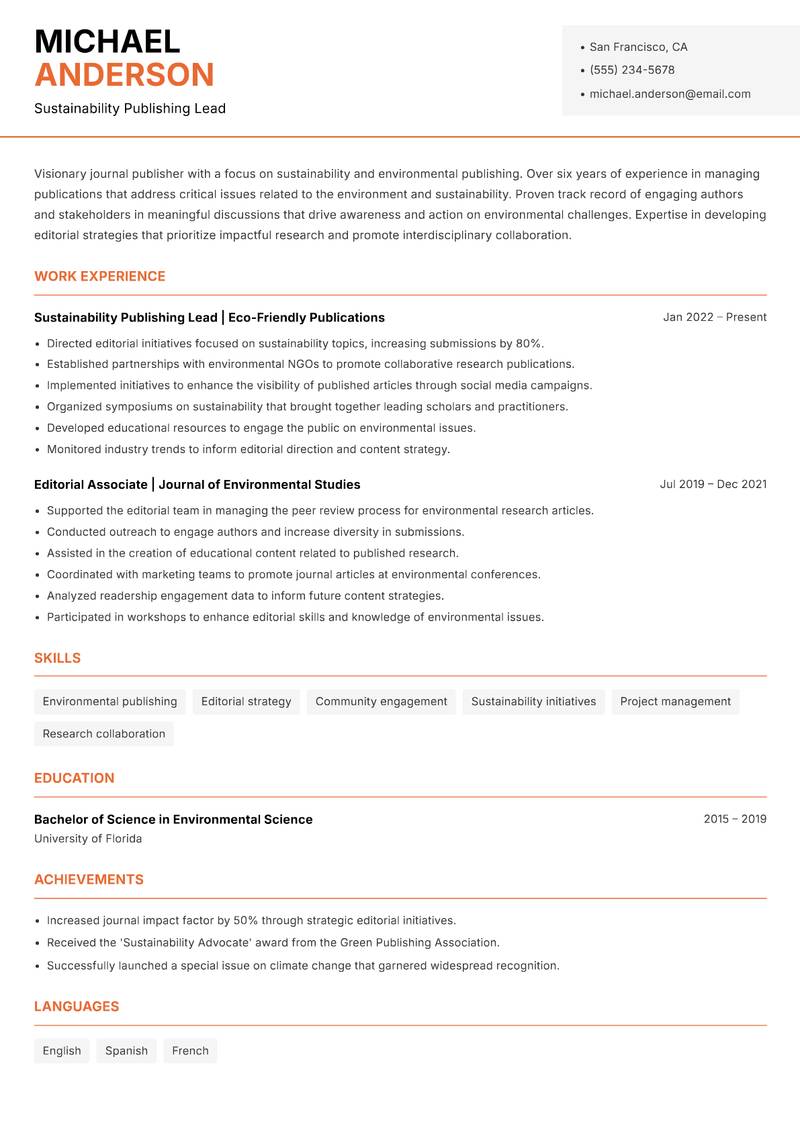 Journal Publisher resume sample — Sustainability Publishing Lead focus