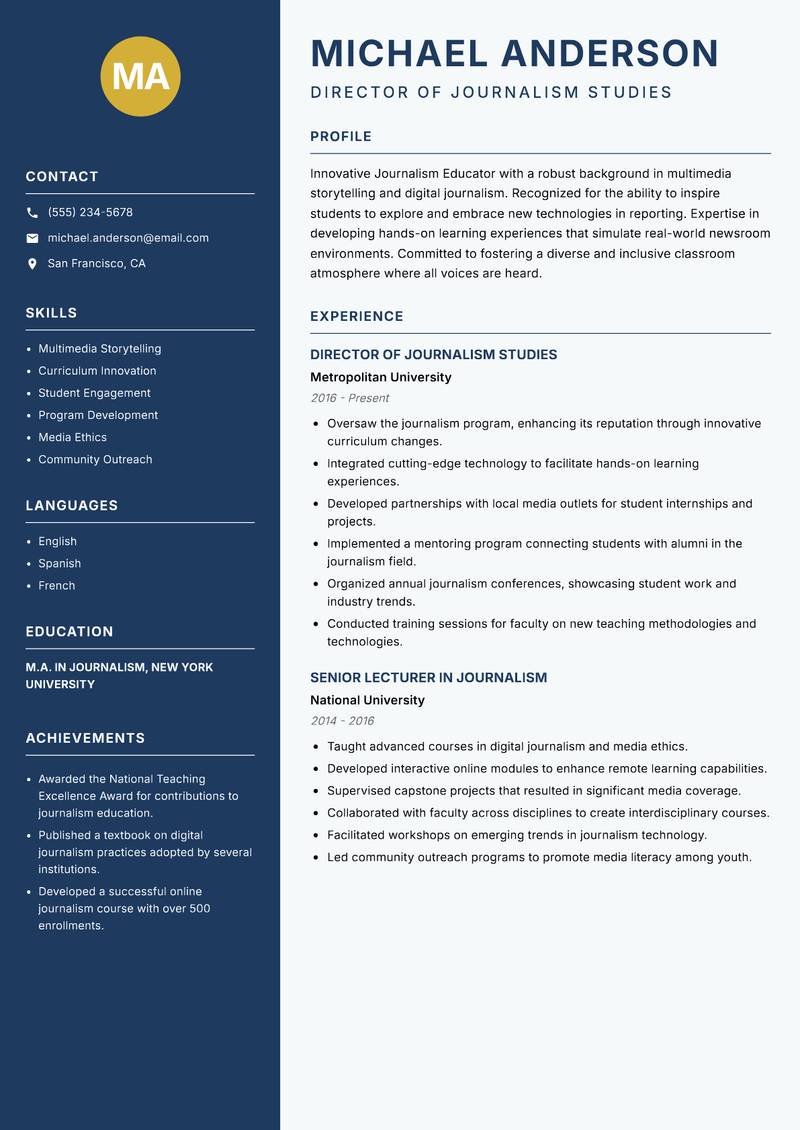 Journalism Educator resume sample — Director of Journalism Studies focus