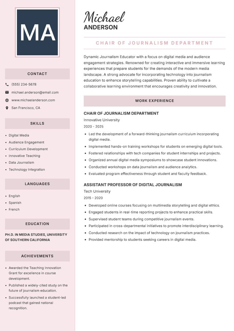 Journalism Educator resume sample — Chair of Journalism Department focus
