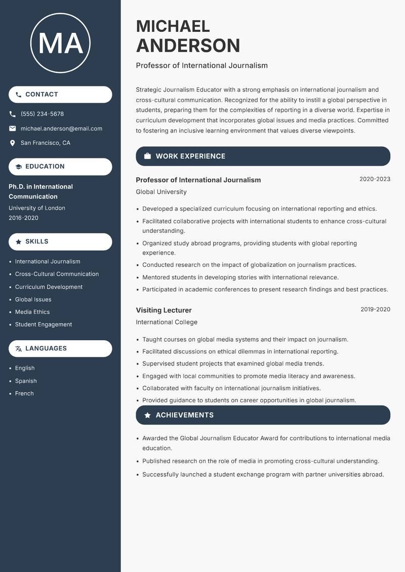 Journalism Educator resume sample — Professor of International Journalism focus