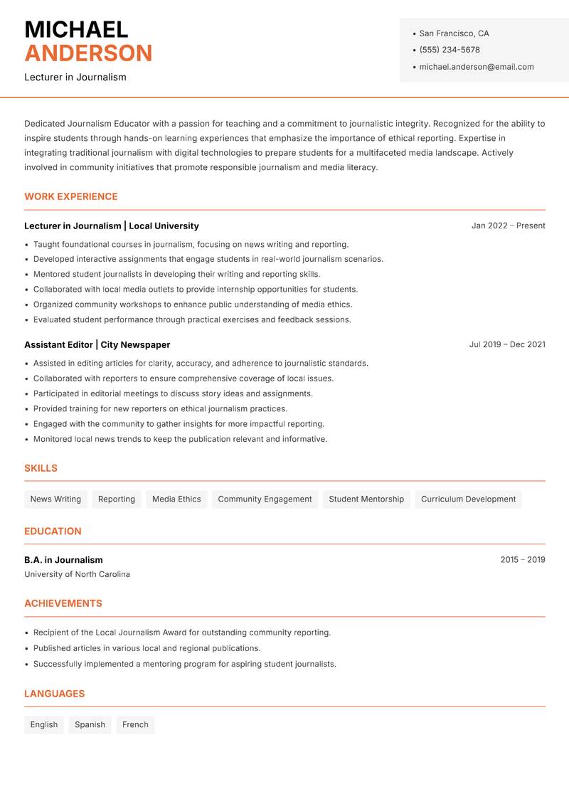 Journalism Educator resume sample — Lecturer in Journalism focus