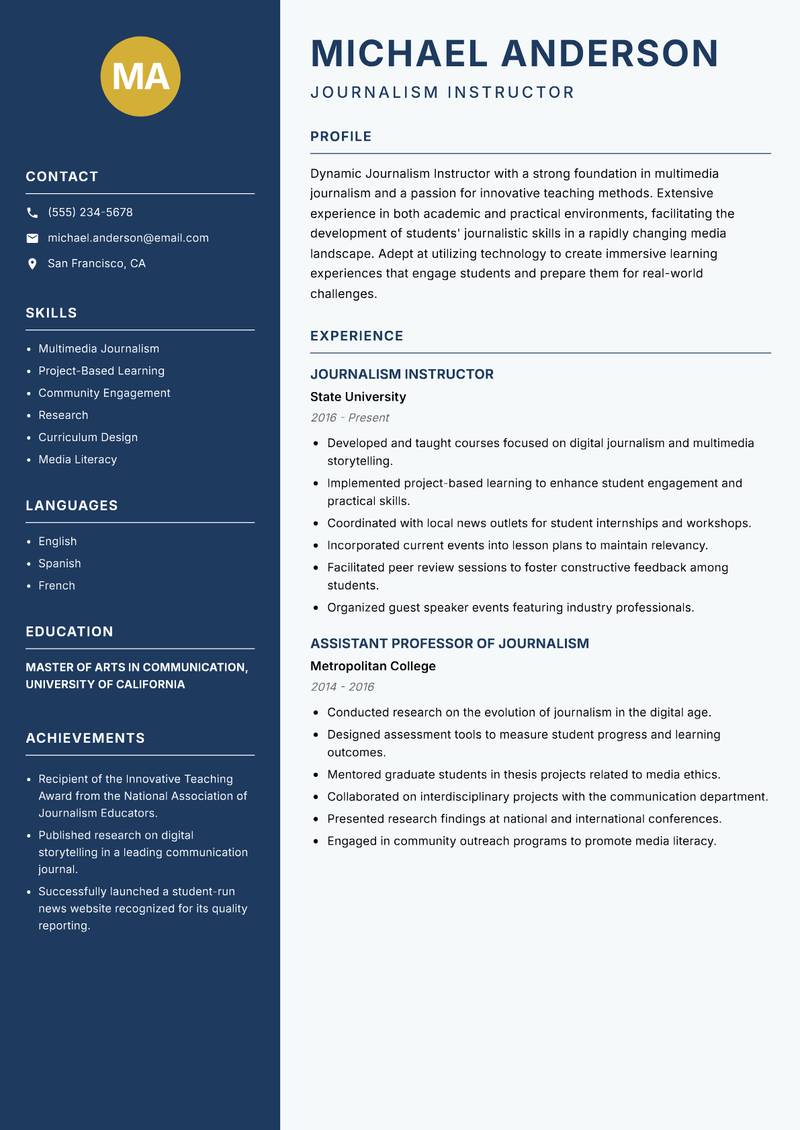 Journalism Instructor resume sample — Journalism Instructor focus