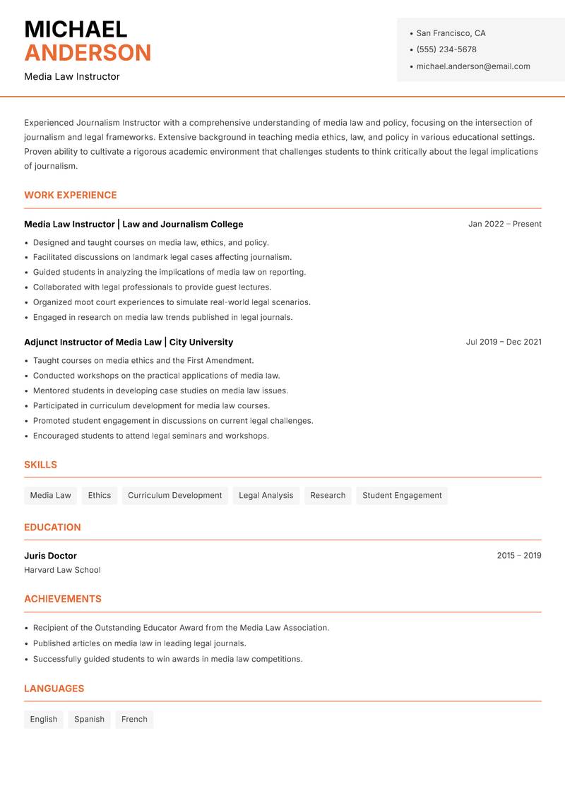 Journalism Instructor resume sample — Media Law Instructor focus