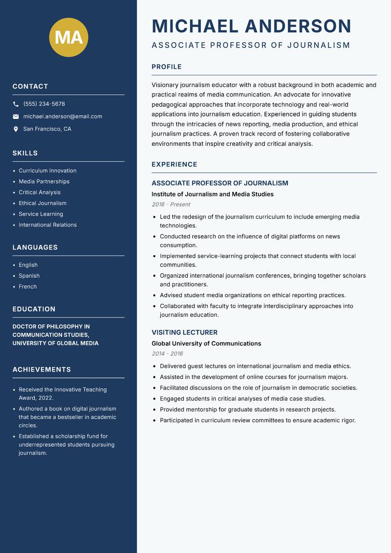 Journalism Lecturer resume sample — Associate Professor of Journalism focus