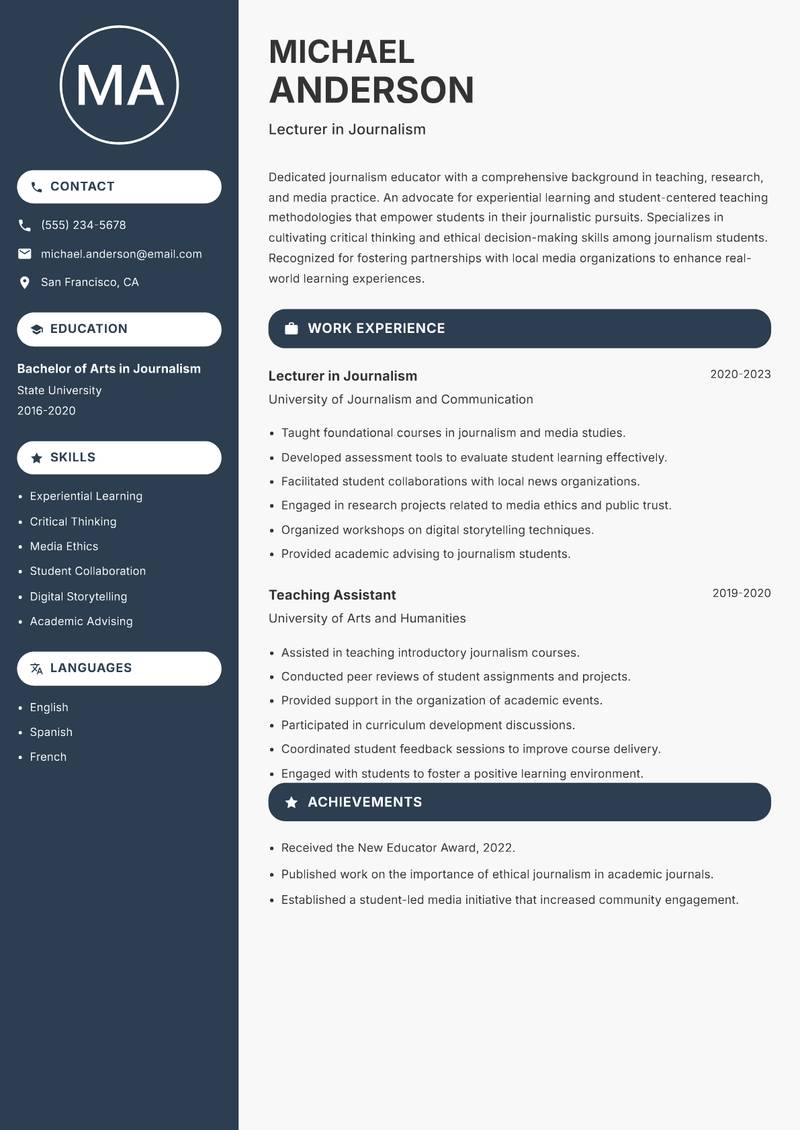 Journalism Lecturer resume sample — Lecturer in Journalism focus