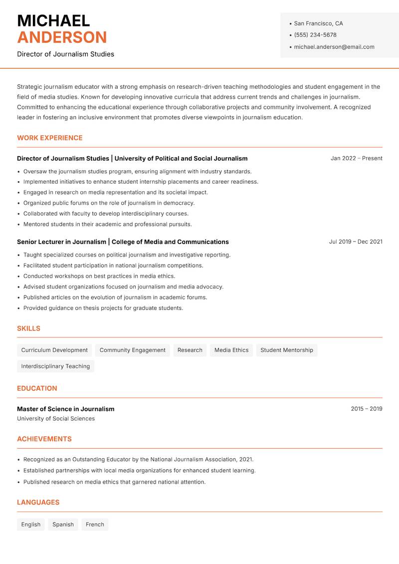 Journalism Lecturer resume sample — Director of Journalism Studies focus