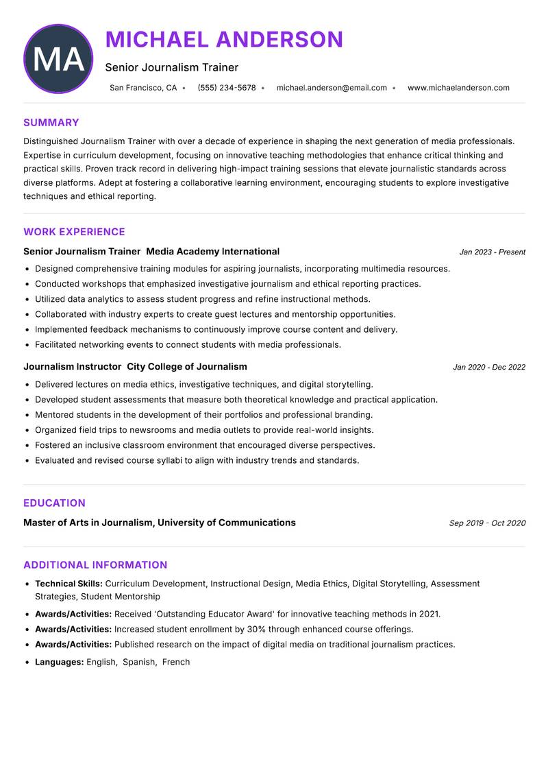 Journalism Trainer resume example