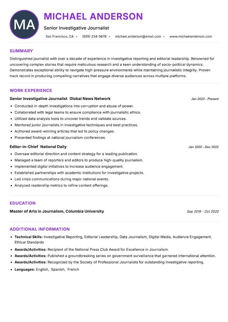 Journalist resume example
