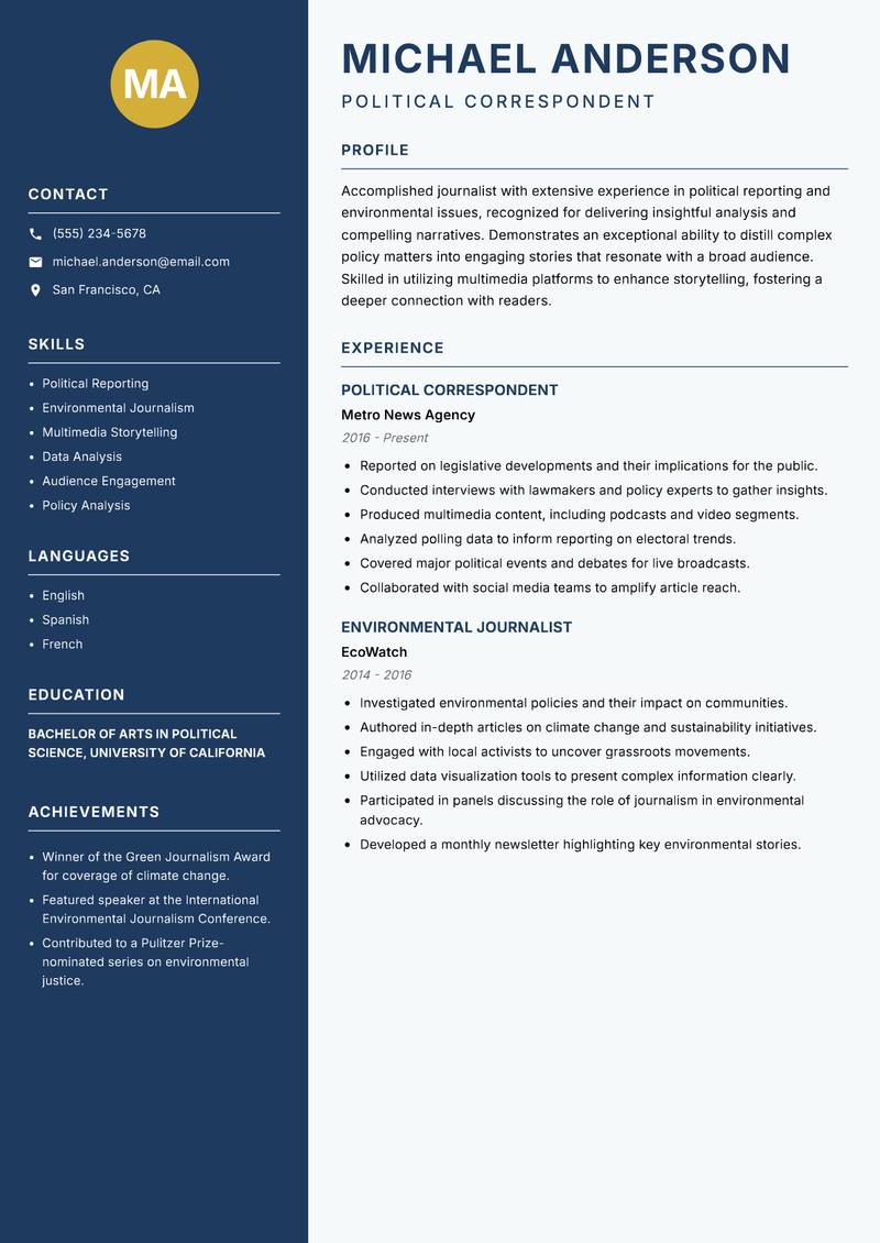 Journalist resume sample — Political Correspondent focus