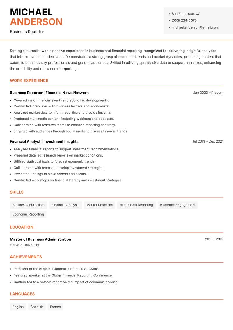 Journalist resume sample — Business Reporter focus