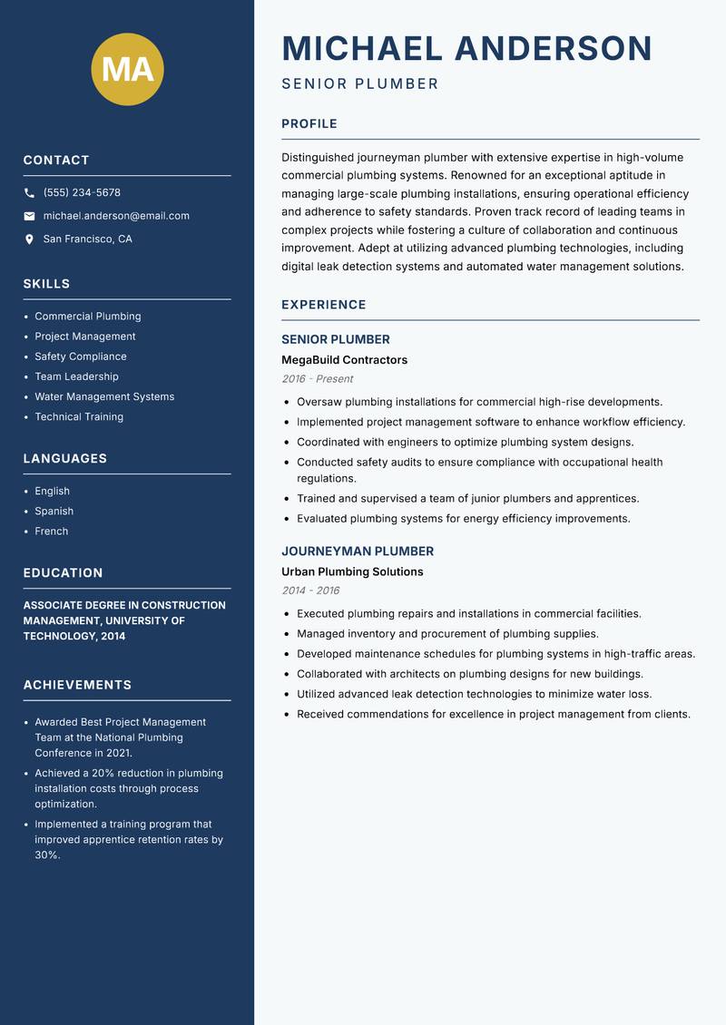 Journeyman Plumber resume sample — Senior Plumber focus
