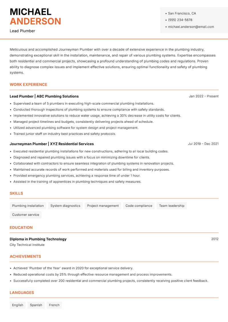 Journeyman Plumber resume sample — Lead Plumber focus