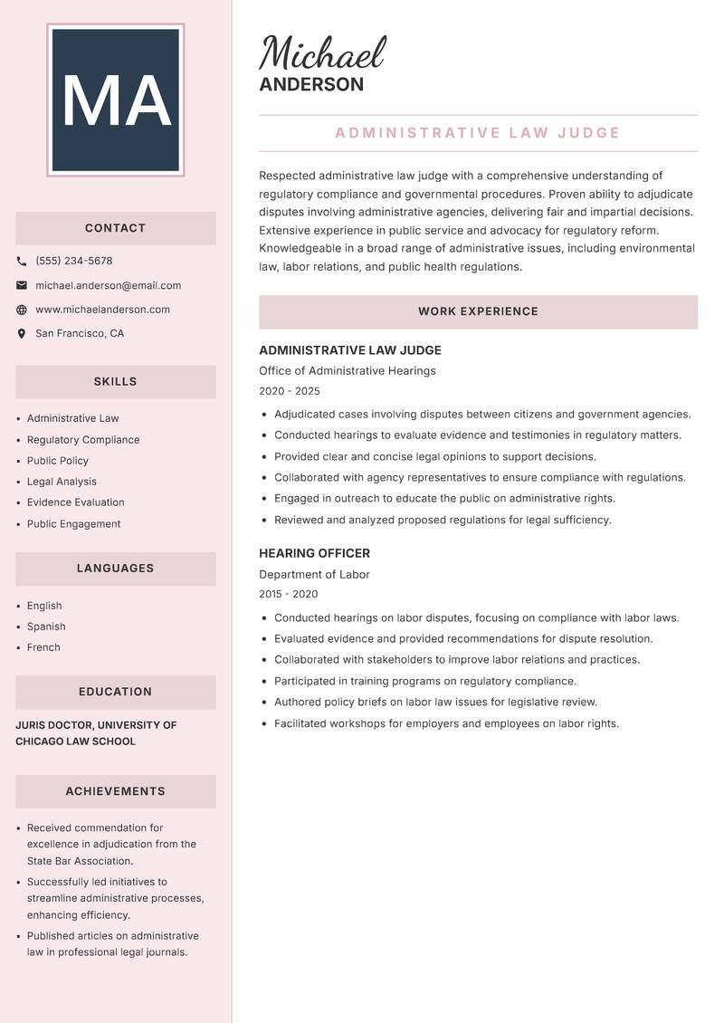 Judge resume sample — Administrative Law Judge focus