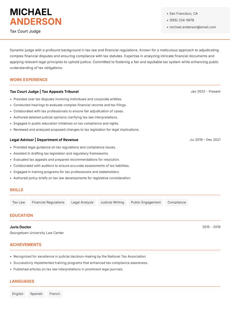 Judge resume sample — Tax Court Judge focus