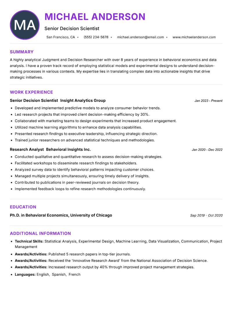 Judgment and Decision Researcher resume example