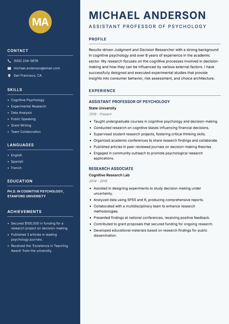 Judgment and Decision Researcher resume sample — Assistant Professor of Psychology focus