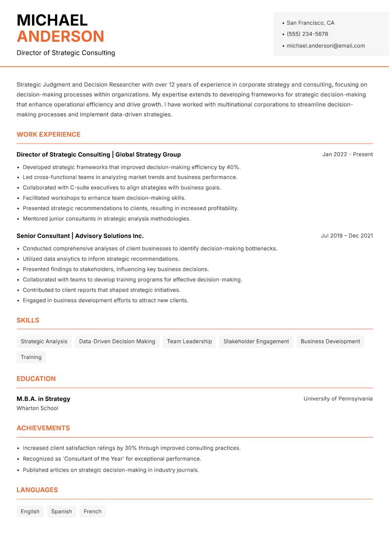 Judgment and Decision Researcher resume sample — Director of Strategic Consulting focus