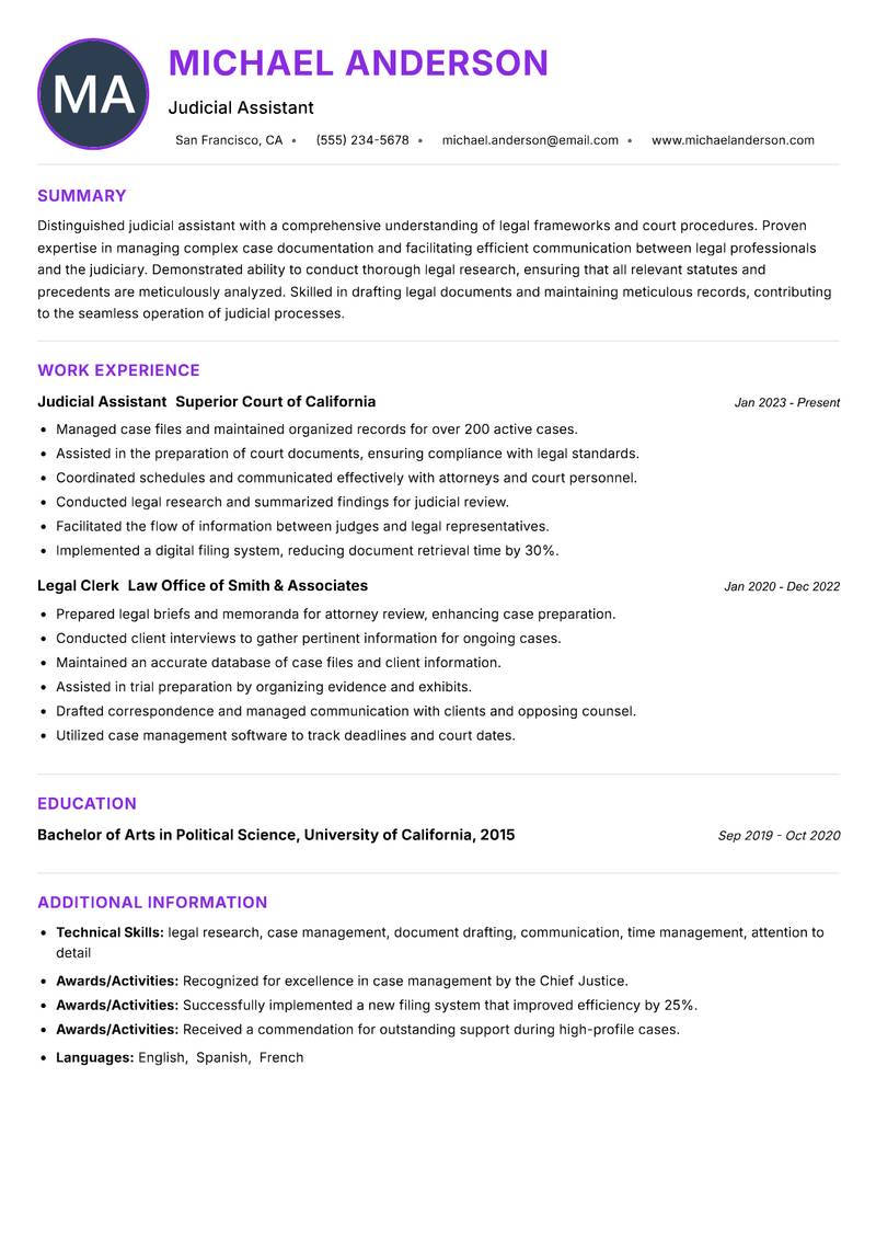 Judicial Assistant resume example