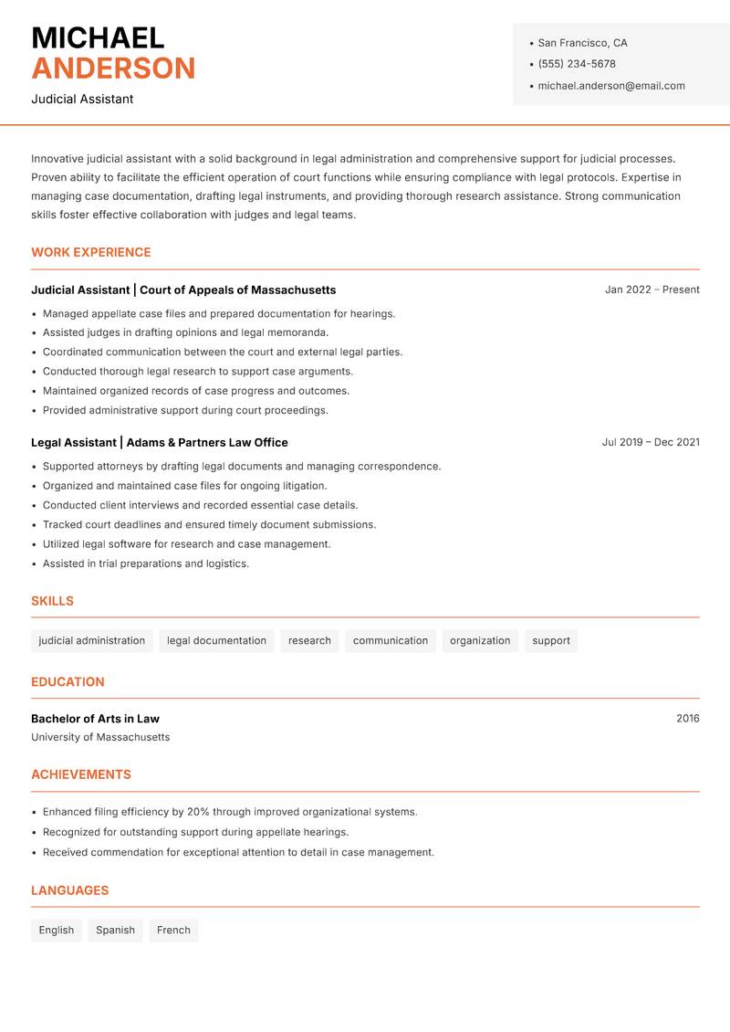 Judicial Assistant resume sample — Judicial Assistant focus
