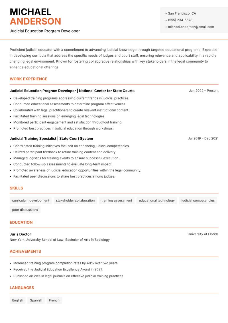 Judicial Educator resume sample — Judicial Education Program Developer focus