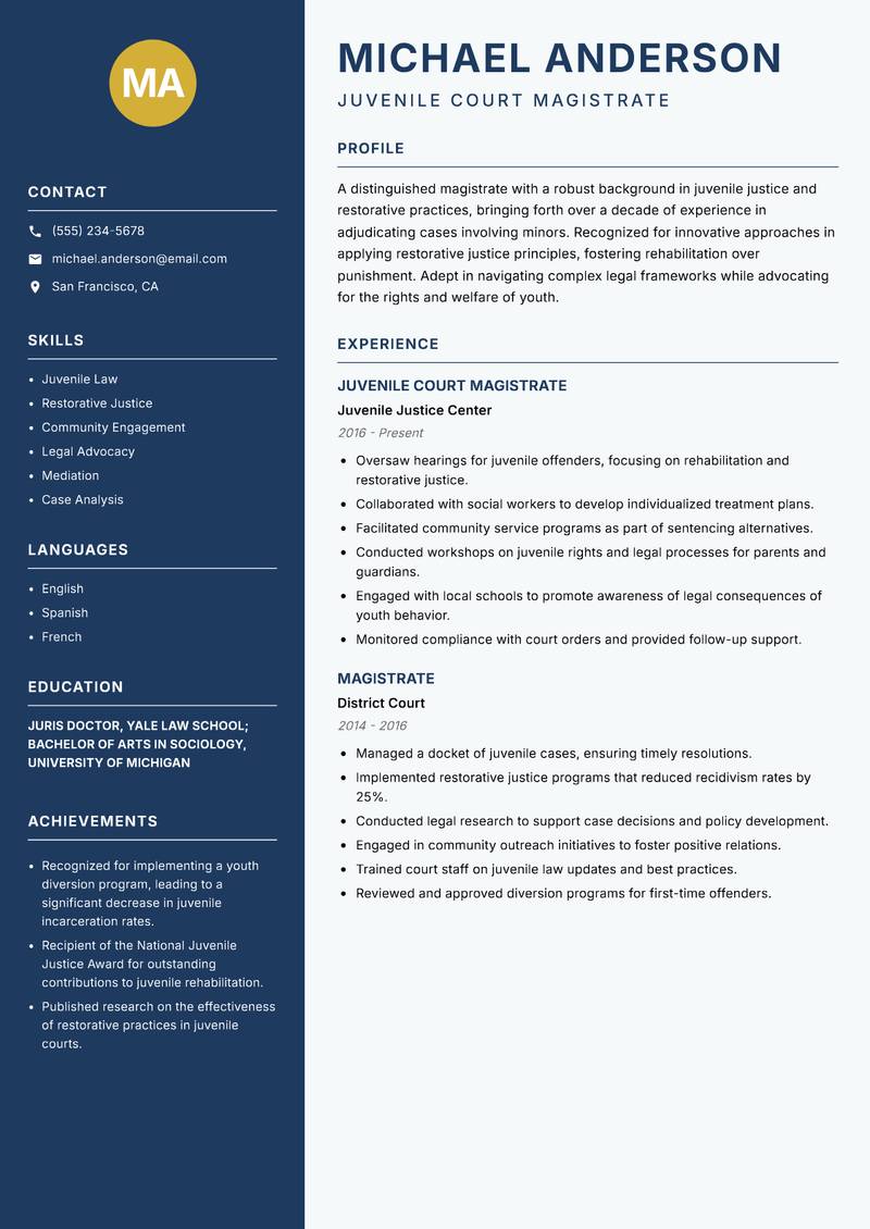 Judicial Magistrate resume sample — Juvenile Court Magistrate focus