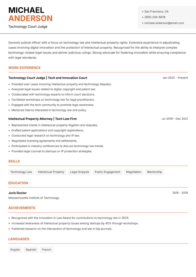 Judicial Officer resume sample — Technology Court Judge focus