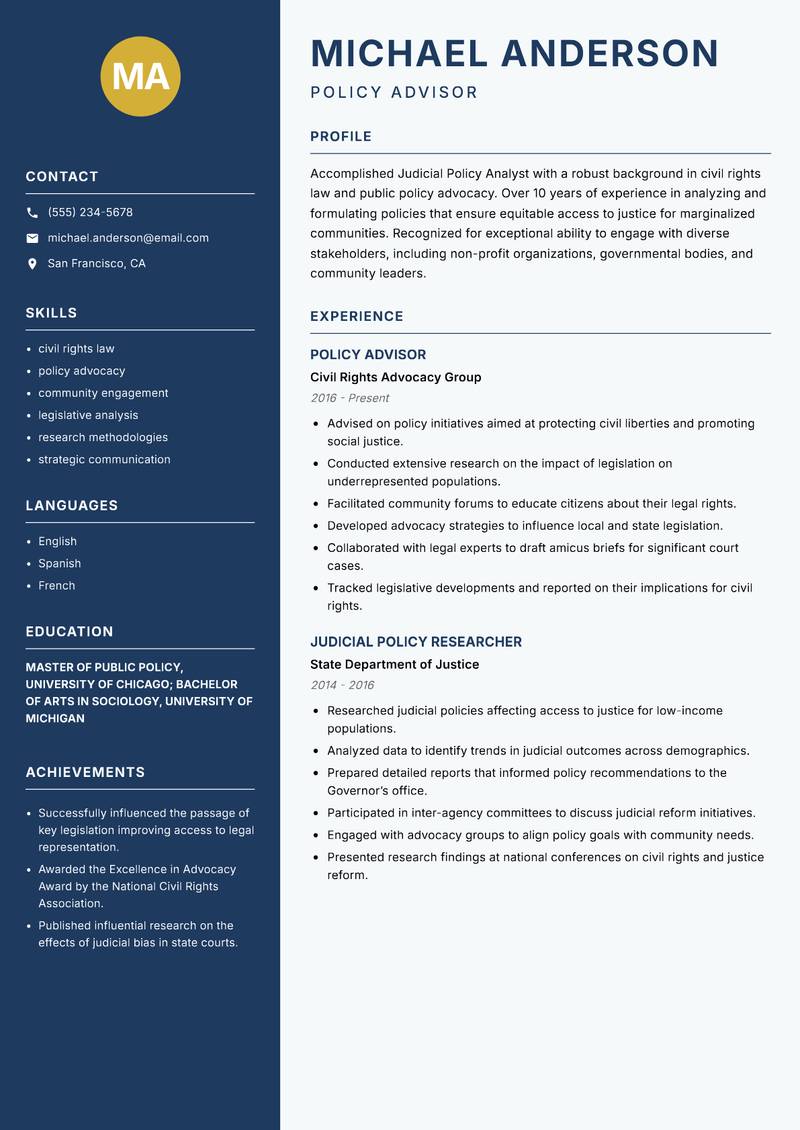 Judicial Policy Analyst resume sample — Policy Advisor focus