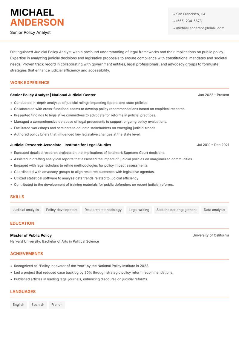 Judicial Policy Analyst resume sample — Senior Policy Analyst focus