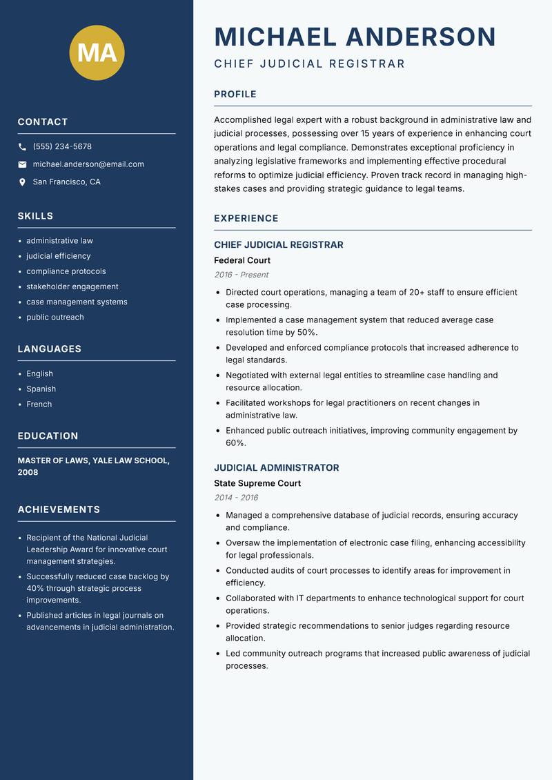 Judicial Registrar resume sample — Chief Judicial Registrar focus