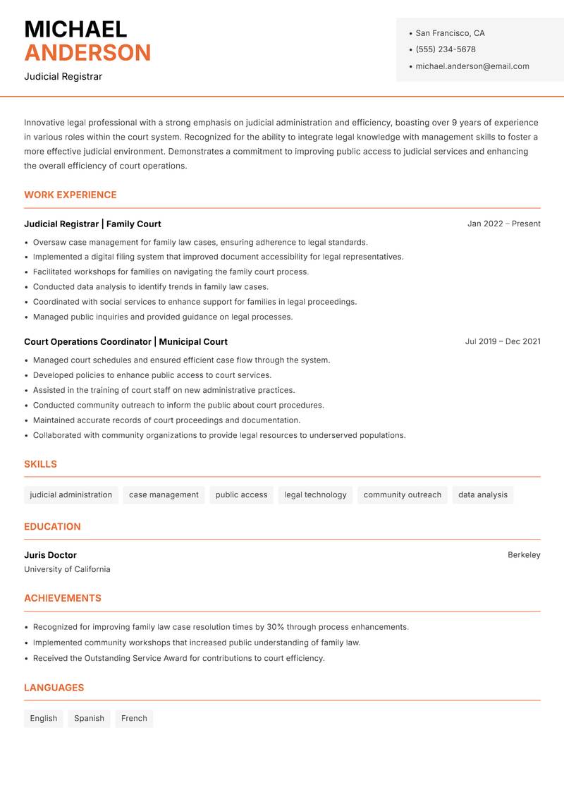 Judicial Registrar resume sample — Judicial Registrar focus