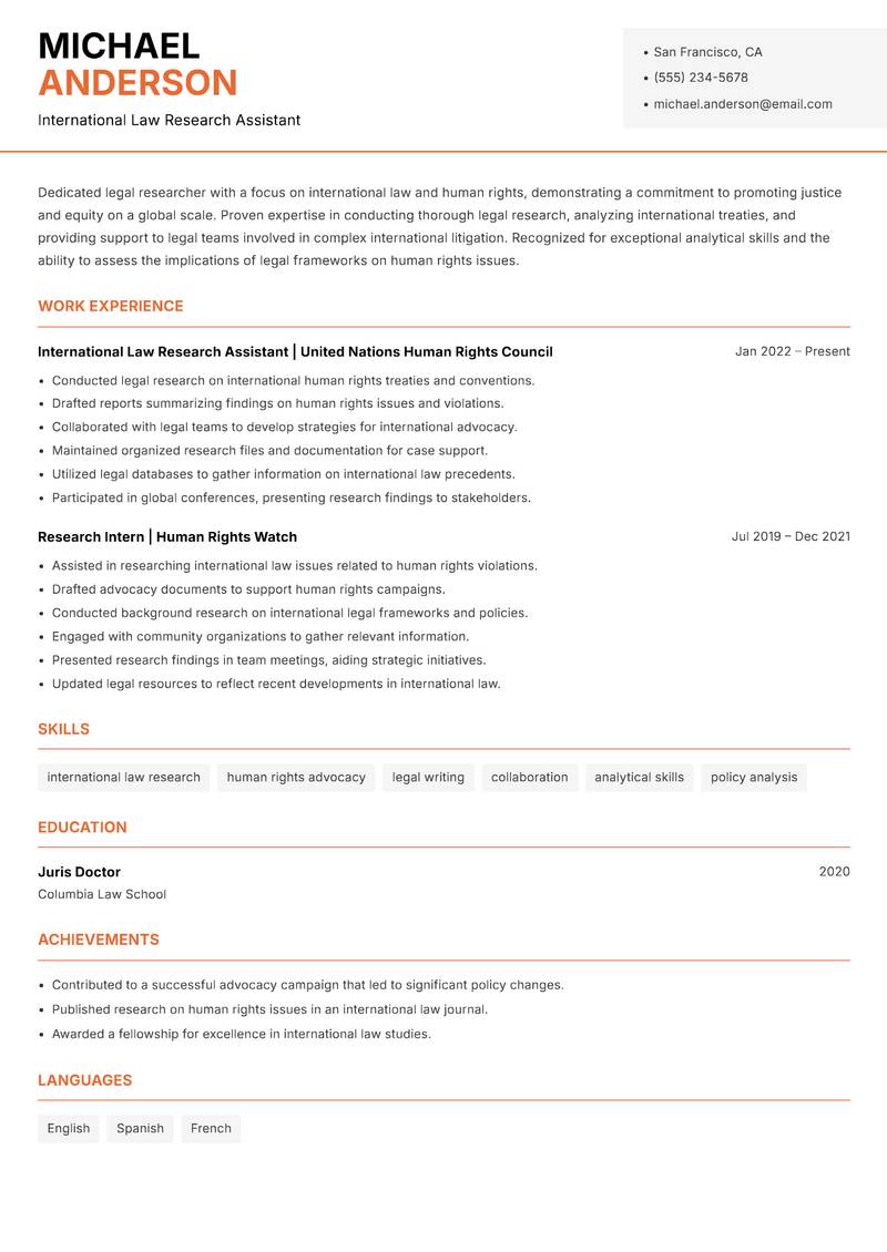 Judicial Research Assistant resume sample — International Law Research Assistant focus