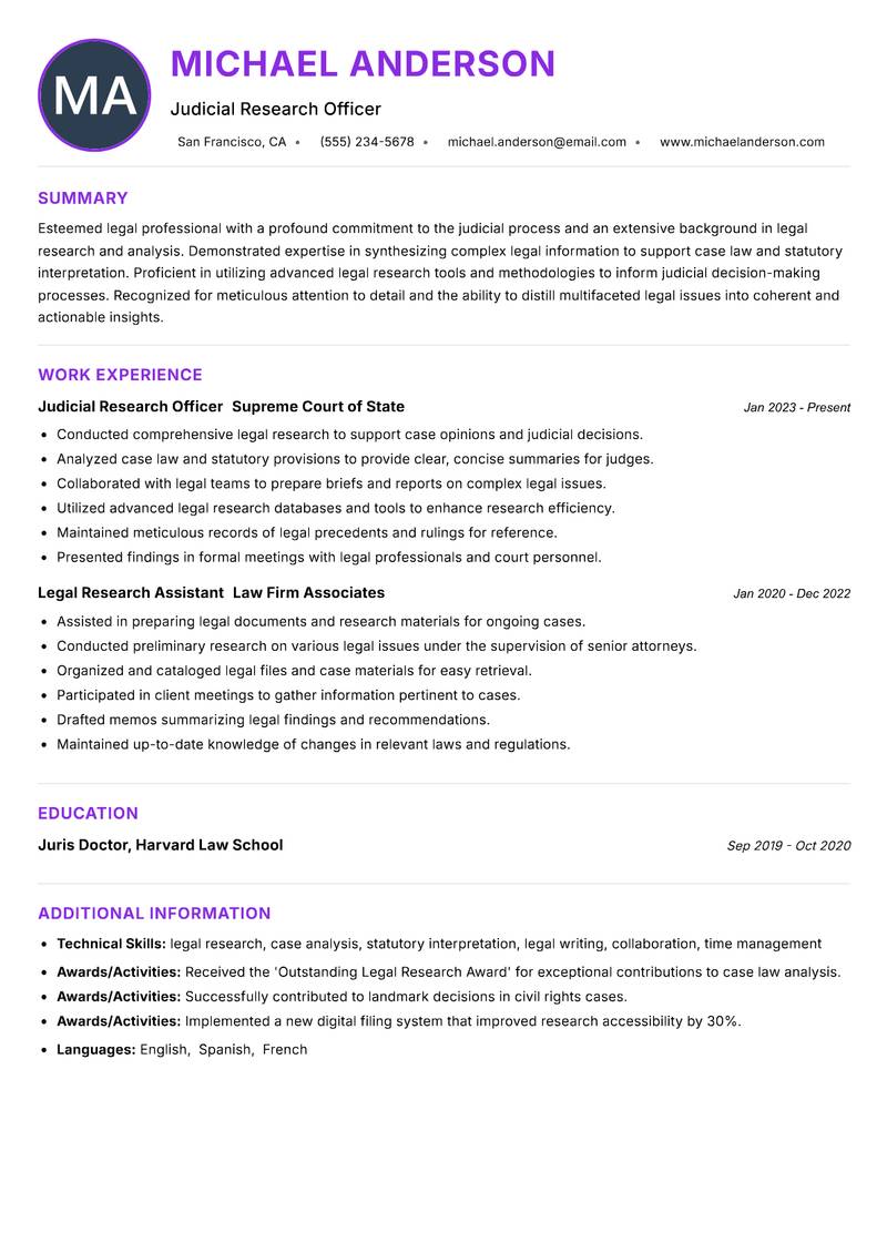 Judicial Research Officer resume example