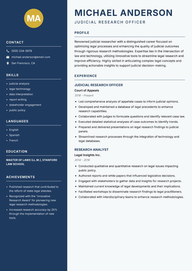 Judicial Research Officer resume sample — Judicial Research Officer focus