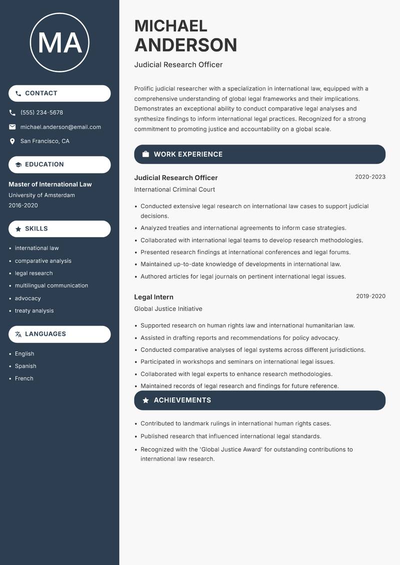 Judicial Research Officer resume sample — Judicial Research Officer focus