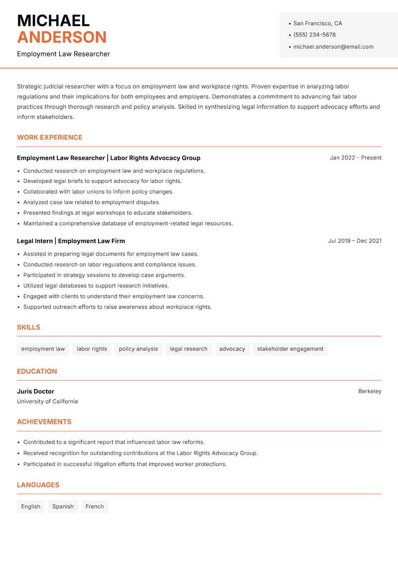 Judicial Researcher resume sample — Employment Law Researcher focus