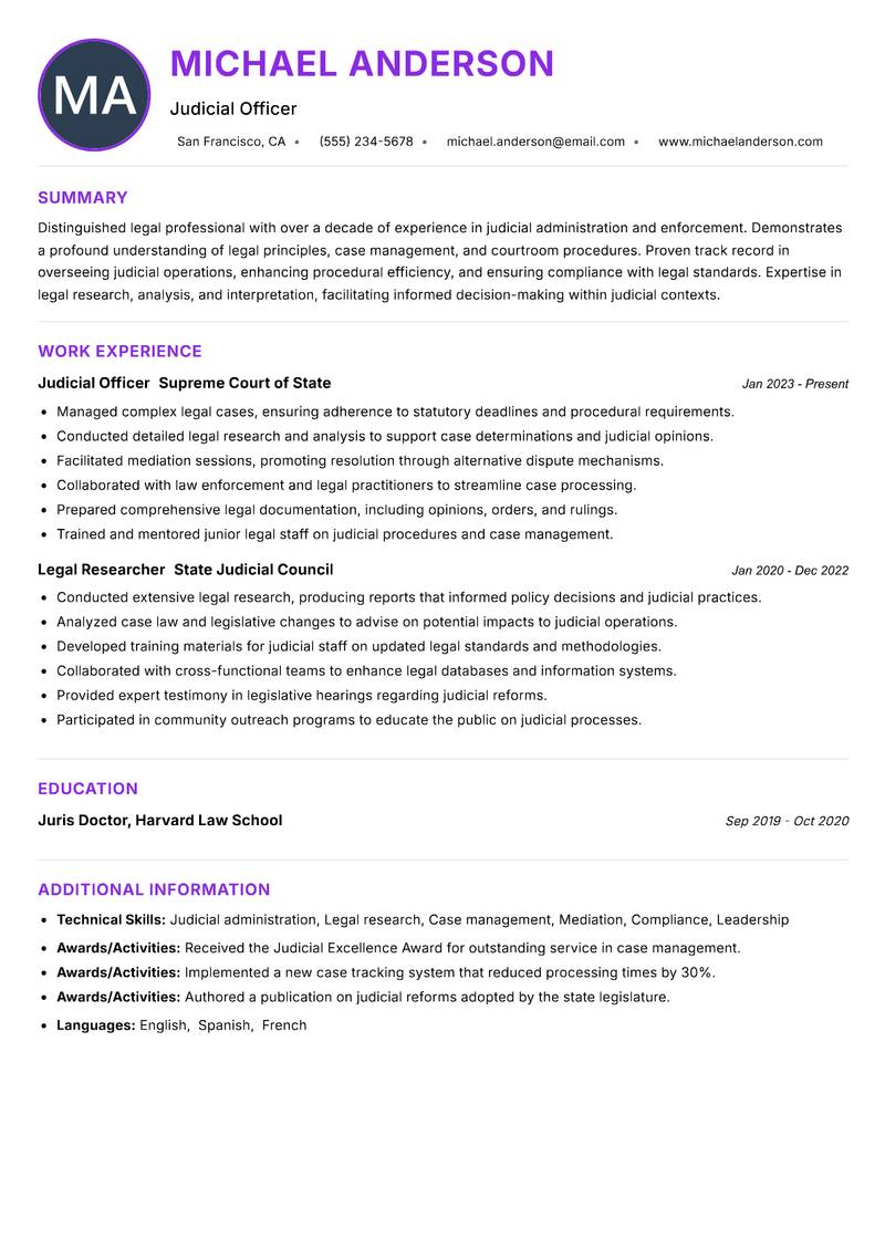 Judicial Service Officer resume example