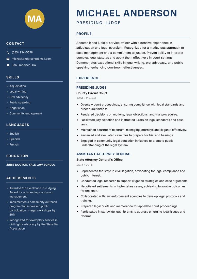 Judicial Service Officer resume sample — Presiding Judge focus