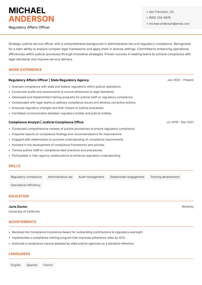 Judicial Service Officer resume sample — Regulatory Affairs Officer focus