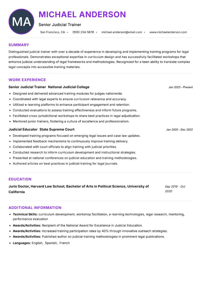 Judicial Trainer resume example