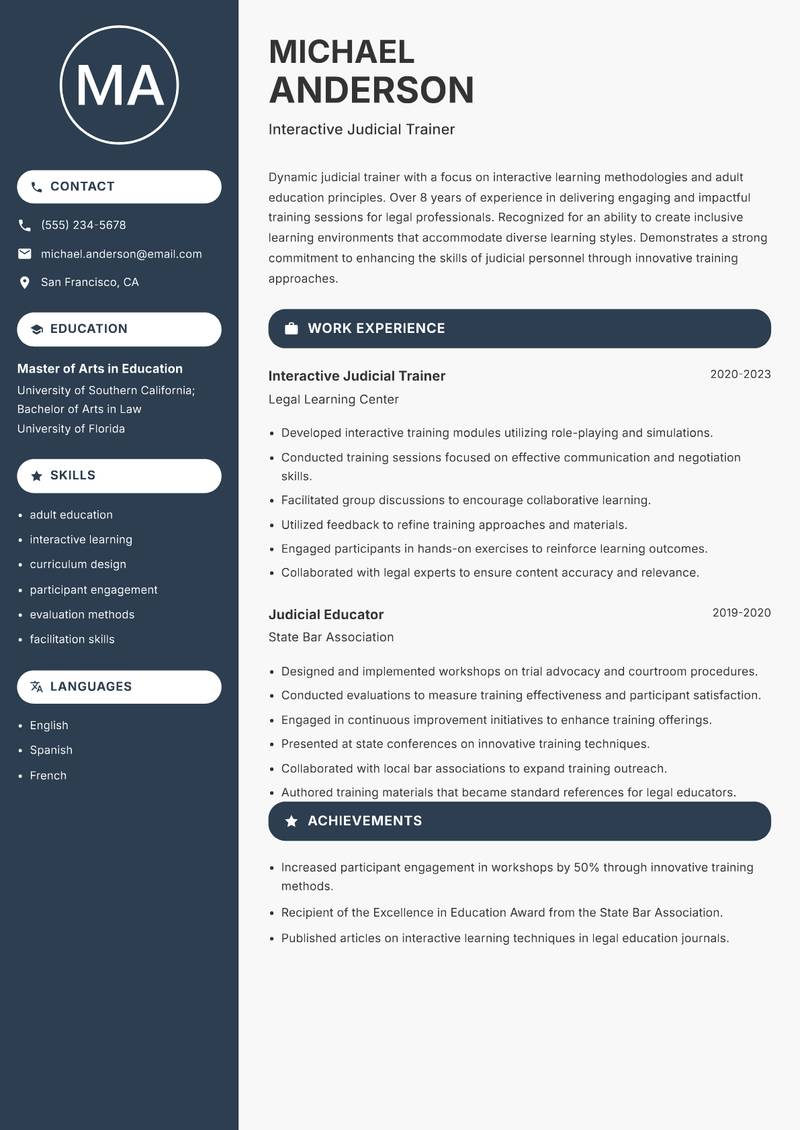Judicial Trainer resume sample — Interactive Judicial Trainer focus