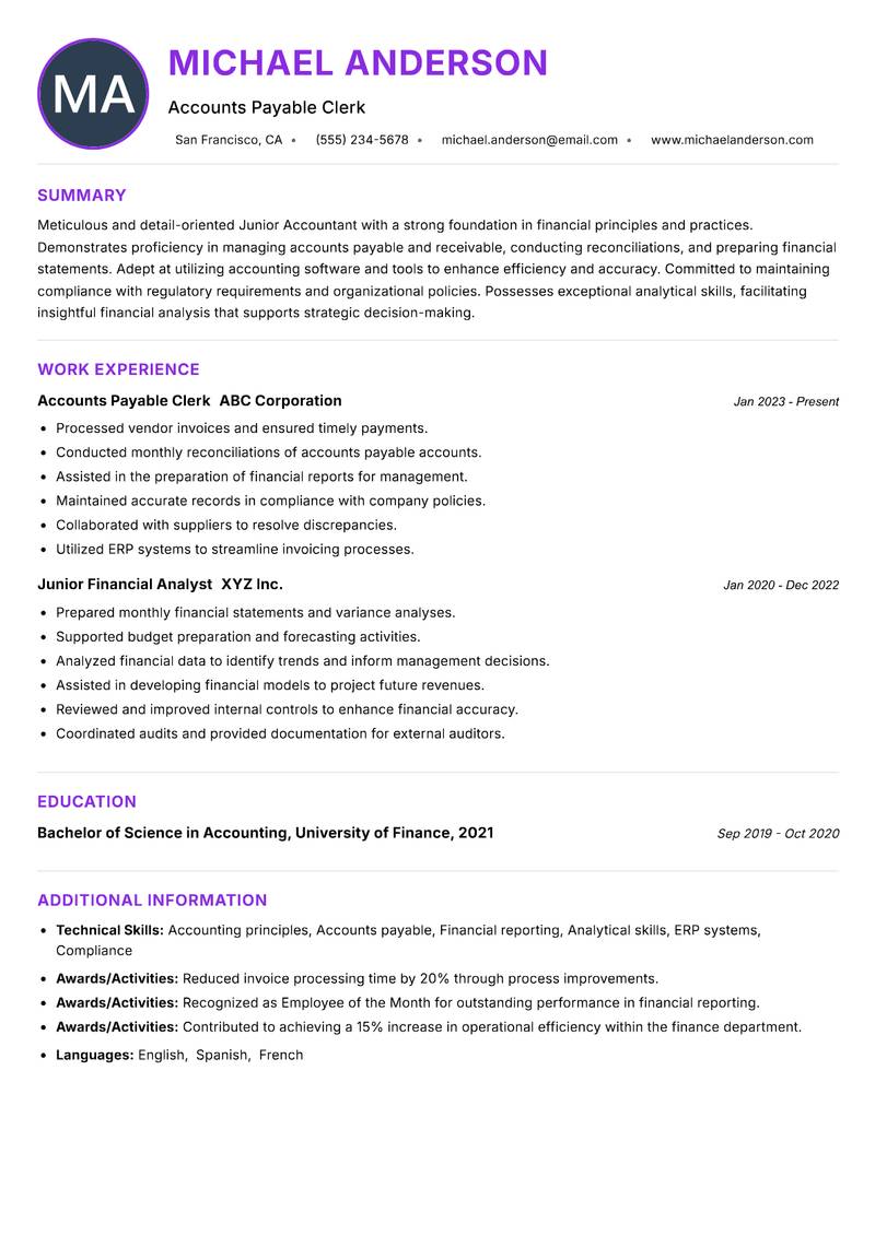 Junior Accountant resume example
