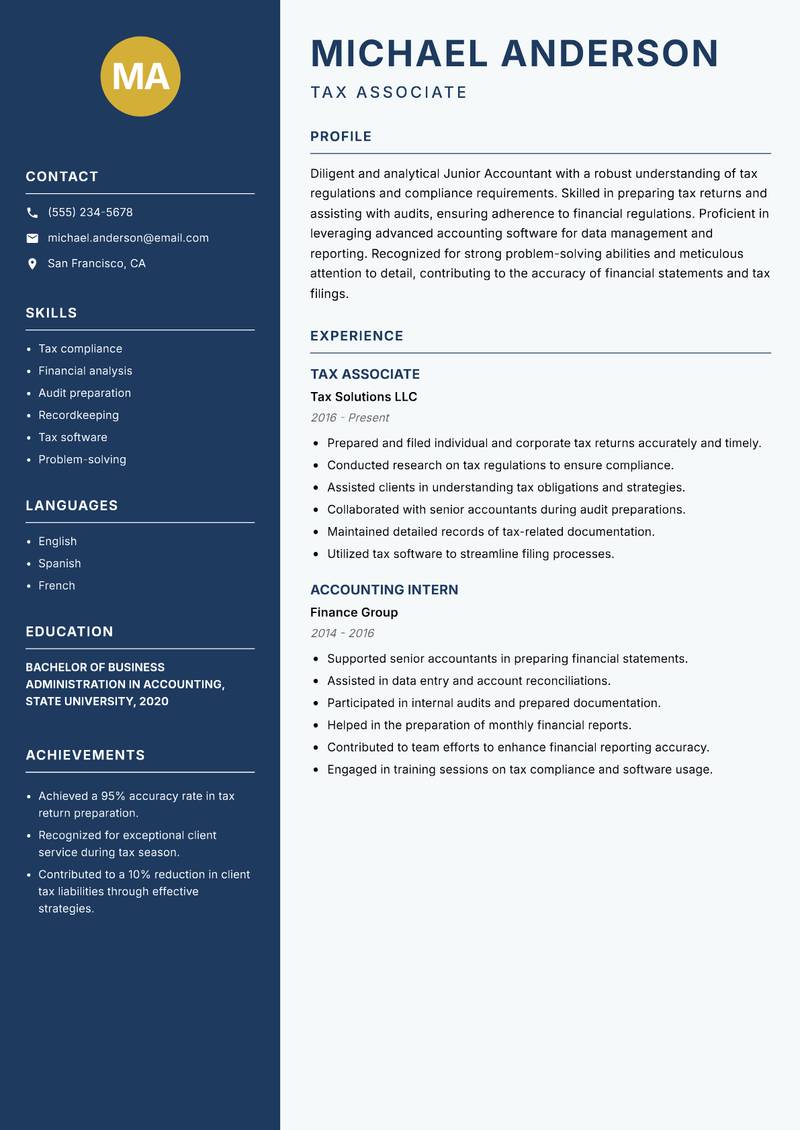 Junior Accountant resume sample — Tax Associate focus