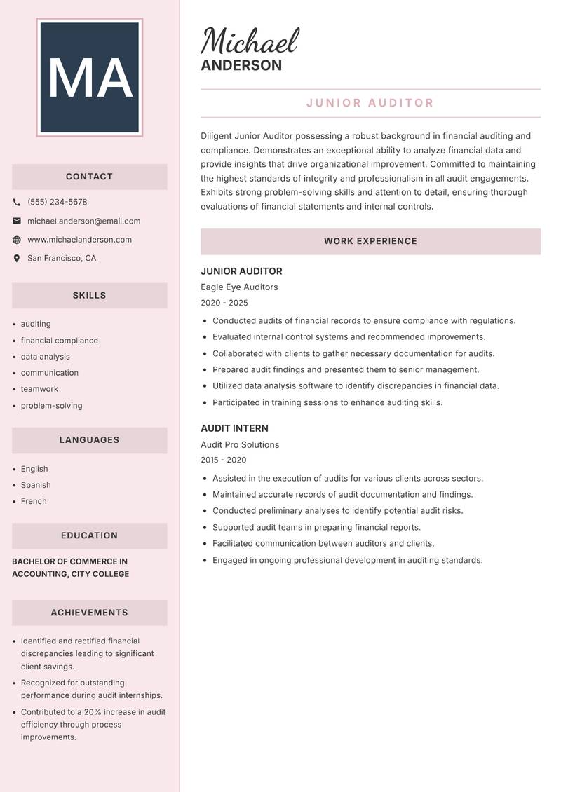 Junior Auditor resume sample — Junior Auditor focus
