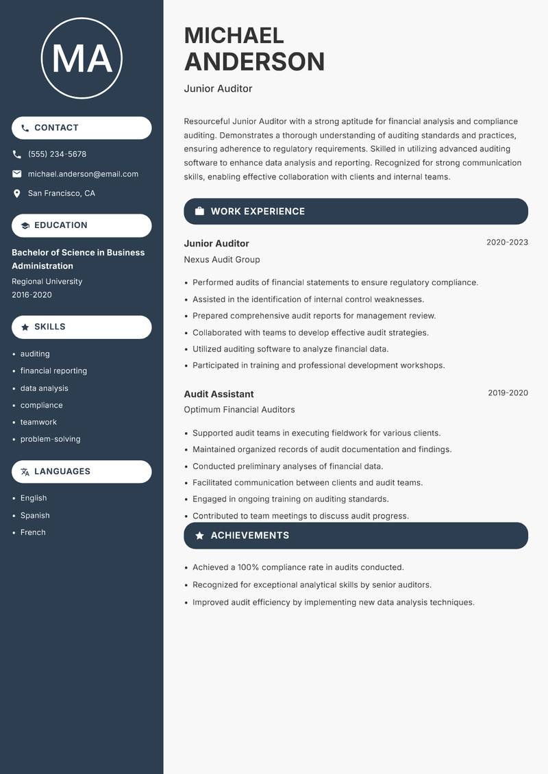Junior Auditor resume sample — Junior Auditor focus