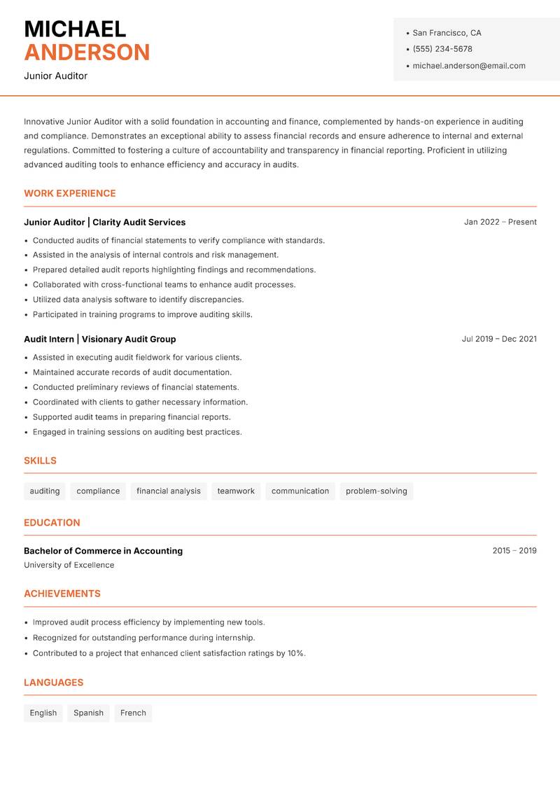 Junior Auditor resume sample — Junior Auditor focus