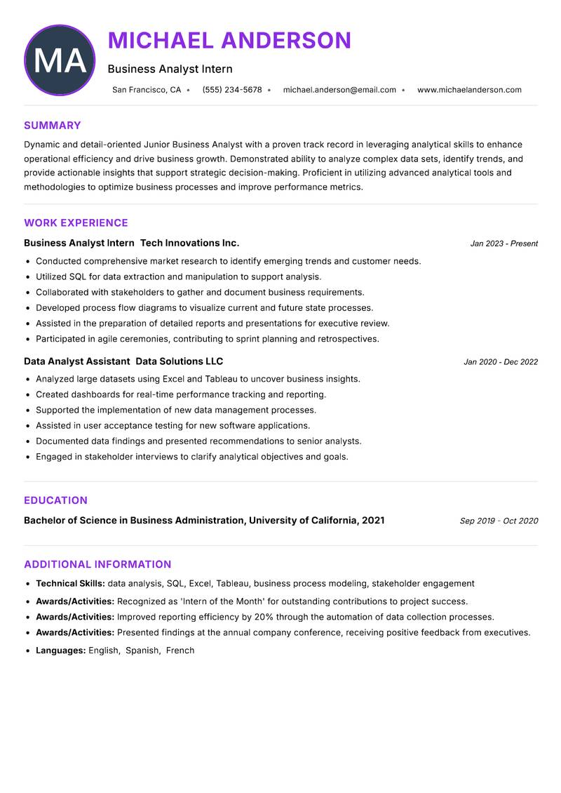 Junior Business Analyst resume example